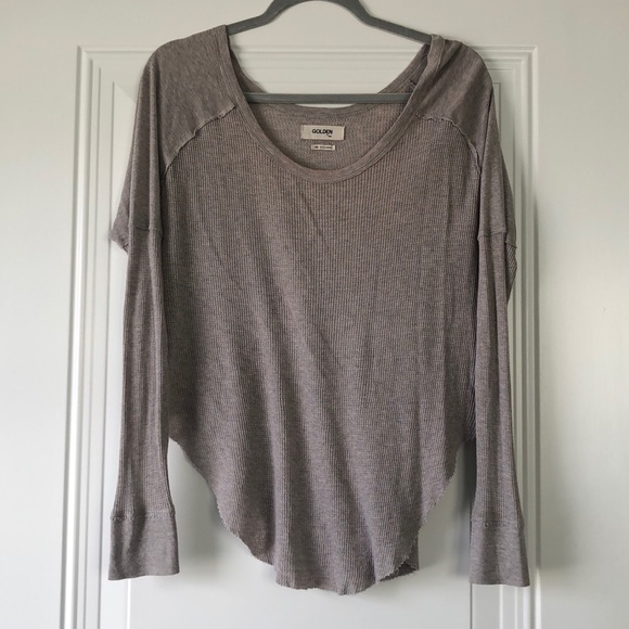 Taupe long sleeve shirt Aritzia brown gray oversized round hem cropped waffle - Picture 1 of 3